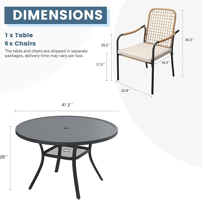 DIFY 7 Pieces Outdoor Dining Set for 6, 47.2" Round Dining Table with Umbrella Hole & Wicker Stackable Patio Chairs with Cushions, Metal Patio Table and Chairs Set for Backyard Porch Garden, Grey