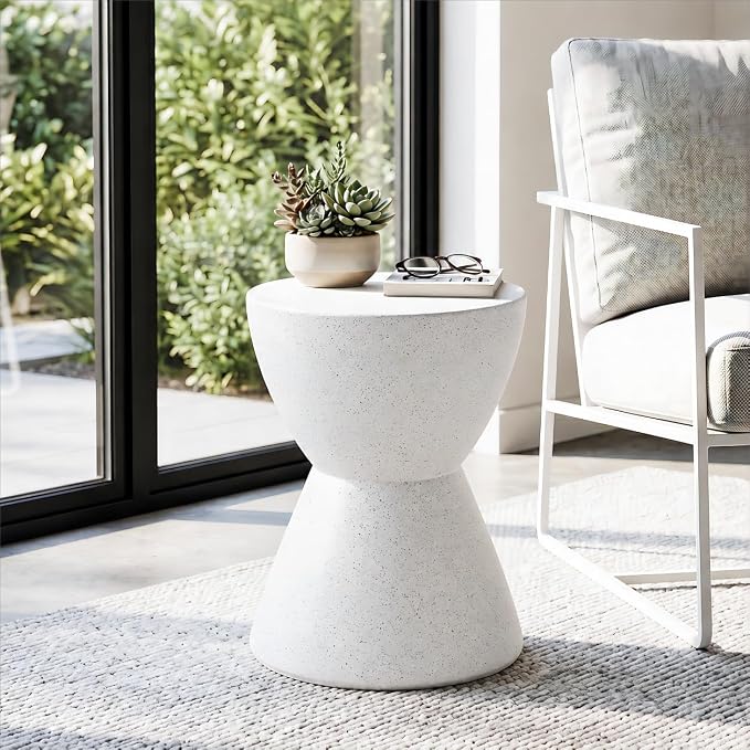 SUNBURY Outdoor Side Table Concrete, 19" H Outdoor End Tables Geometric Hourglass Shaped, Lightweight Round Accent Table, Decorative Modern Garden Stool for Patio, Backyard, Spotted White