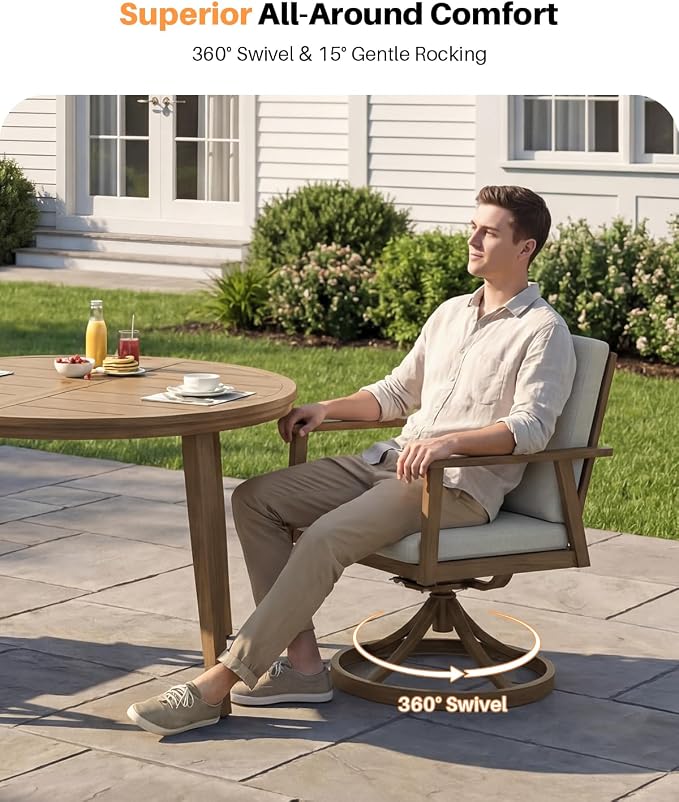7 Pieces Teak Round Patio Dining Set, Aluminum Outdoor Dining Set Includes Oversize Round Dining Table, 4 Dining Chairs & 2 Swivel Chairs, Outdoor Table and Chairs Set for Yard, Deck, Lawn
