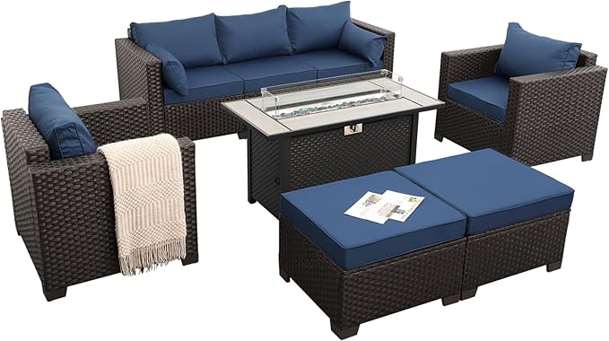 6-Piece Patio Furniture Set Outdoor Furniture Set with 45'' Propane Gas Fire Pit Table Outdoor Conversation Set Wicker Sofa Set Non-Slip Cushions Waterproof Covers, Navy Blue