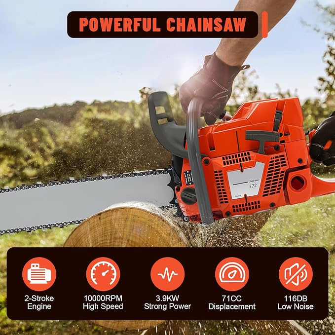 28In Gas Chainsaw, 71CC 2 Stroke Gas Powered Chainsaw, 10000Rpm High Speed Handheld Cordless Petrol Chain Saw, for Garden Pruning, Forest Logging, Chopping Wood