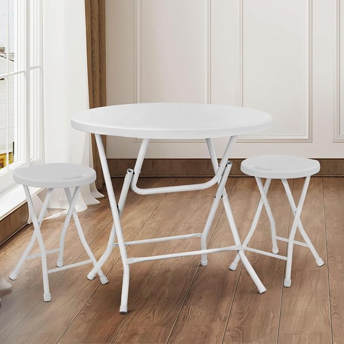 Athena Collection 2.6ft Folding Table, Portable Plastic Round Table Collapsible Card Craft Table with Steel Legs for Indoor Outdoor, Foldable Utility Dining Table for Commercial Camping Party, White