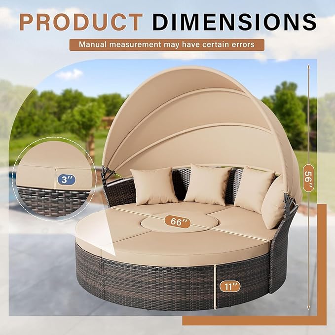Patio Round Daybed with Canopy, Outdoor Wicker Rattan Sectional Sofa Set with Cushions, Patio Conversation Set for Backyard, Porch, Pool (Brown)