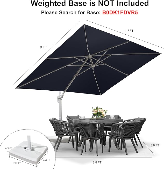PURPLE LEAF 9' × 11.5' Patio Umbrella White Cantilever Umbrella Aluminum Square Outdoor Offset Umbrella Hanging Windproof with 360° Rotation for Garden Deck Pool, Navy Blue