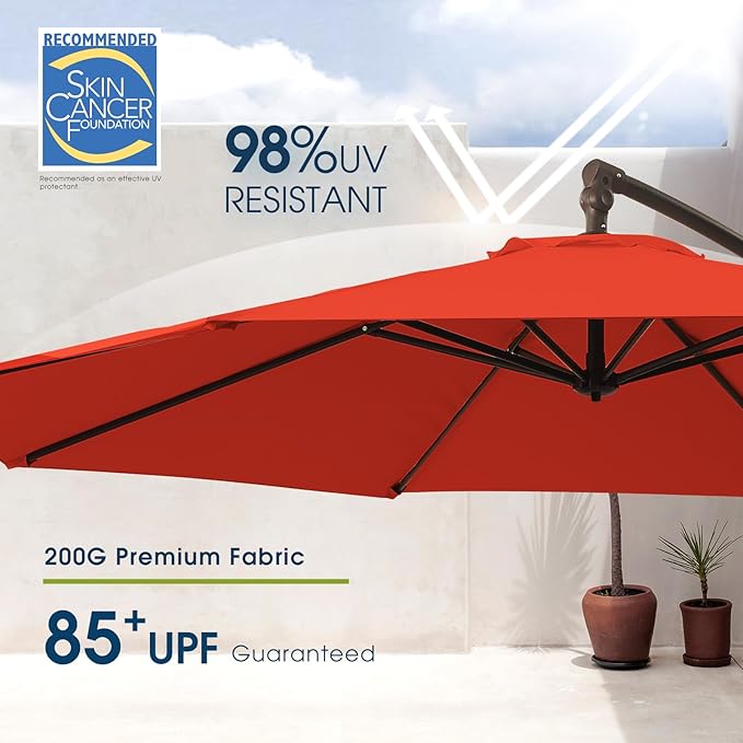 wikiwiki 10ft Patio Umbrella with Base Included, Outdoor Offset Cantilever Umbrella, Infinite Tilt, Crank and Cross Base, Orange Red