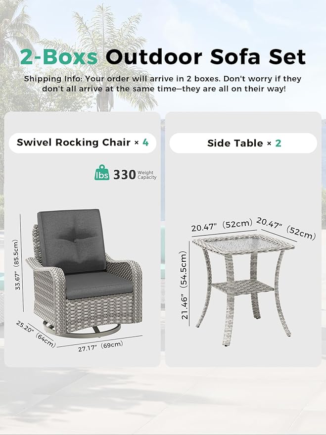 6 Piece Outdoor Wicker Patio Furniture Set,High Back Swivel Rocker Patio Chairs with 4" Thickened Cushions & Side Table, All-Weather PE Rattan for Garden, Backyard, Porch, Black