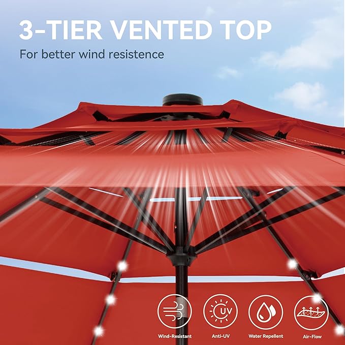GREEN PARTY 10ft Patio Umbrella with Solar Lights, Auto-Tilt Lighted Market Table Umbrellas with Crank, 8 Sturdy Ribs & 1.5" Pole outdoor umbrellas for Patio Garden Deck Backyard Pool, Orange Red