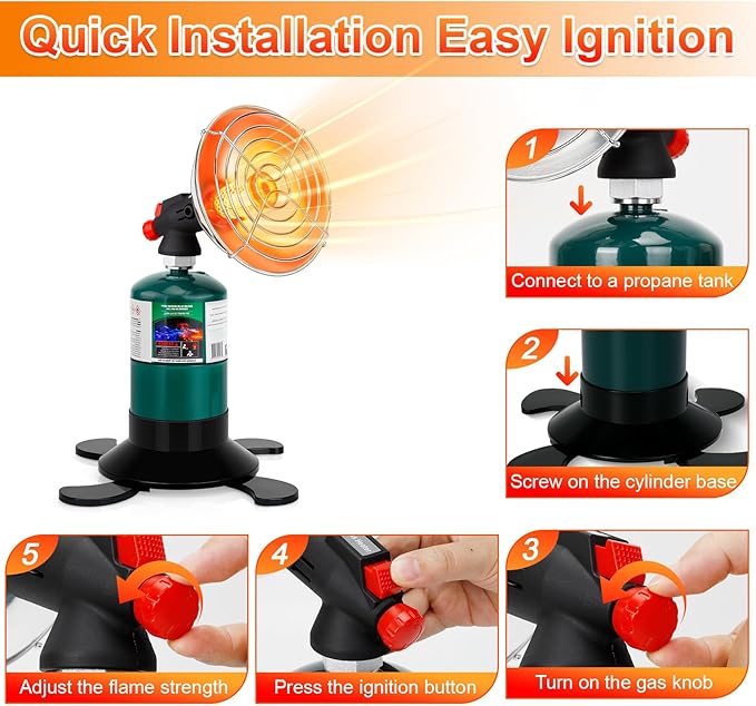 Portable Propane Heater for Camping, Outdoor Space Tent Heater, Cordless Patio Heaters with Self Igniter, Control Valve, Foldable Gas Tank Holder, Ideal Garage Hiking Ice Fishing Hunting Buddy