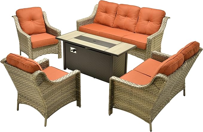 Outdoor Patio Furniture Sets, 5 PCS Patio Conversation Set Outside Rattan Sofa with 54 in Fire Pit Table Comfy Cushions Fit Backyard Porch Garden Poolside Balcony,Orange Red