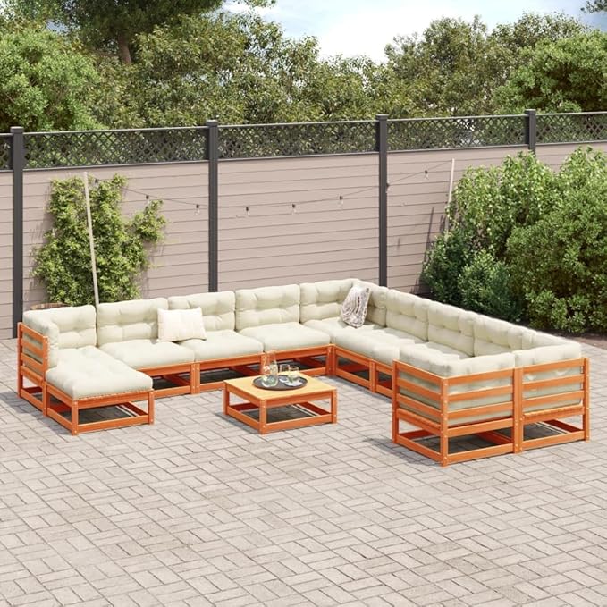 12 Piece Patio Sofa Set with Cushions, Porch Furniture Set Garden Lounge Set Outdoor Sofa Sets Patio Conversation Set for Exhibition Piazza Poolside Wax Brown Solid Wood Pine