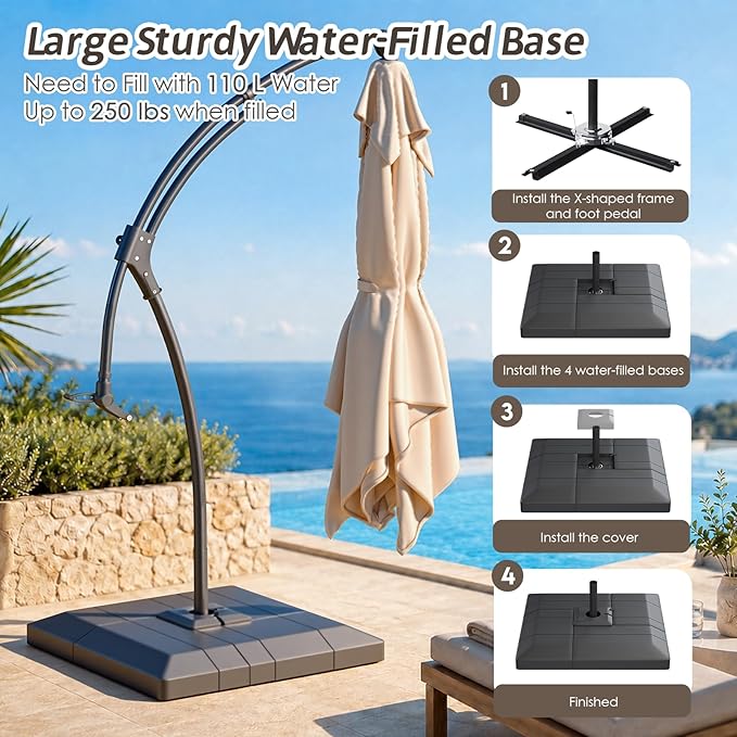 AECOJOY 10 Ft Cantilever Umbrella with Base Included, Large Square Aluminum Outdoor Cantilever Offset Patio Umbrellas w/ 360° Rotation, Infinite Tilt Adjustment for Pool, Garden, Desk, Beige