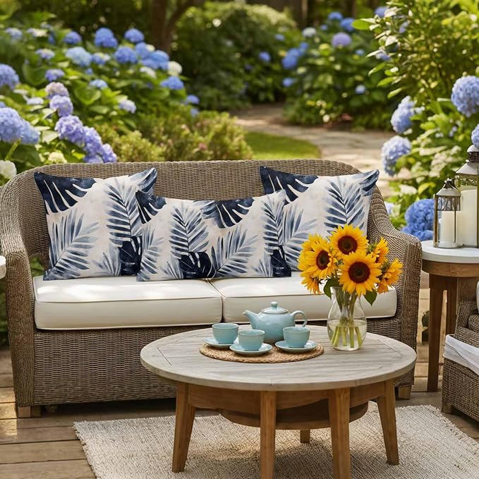 Pack of 2 Waterproof Outdoor Pillow Covers 26x26 Inch Decorative Pillow Covers Navy Blue Palm Leaves Throw Pillowcases Tropical Botanical Retro Outdoor Cushion Cover for Couch, Patio, Tent