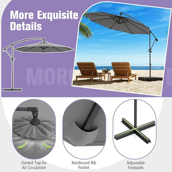Tangkula 10 FT Patio Offset Umbrella, Hanging Cantilever Umbrella w/X-shaped Base & 360° Rotation, Smooth Crank Handle, Vented Top, Outdoor Market Umbrella for Backyard, Deck (Grey)