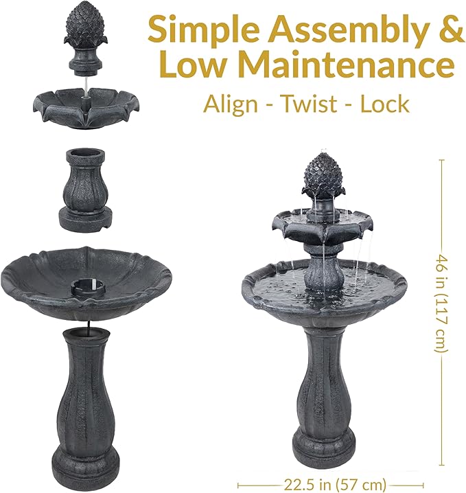 Sunnydaze Pineapple 46-Inch 2-Tier Outdoor Solar Fountain - Decorative Water Fountain with Pump for Garden, Patio, Yard or Balcony - Black