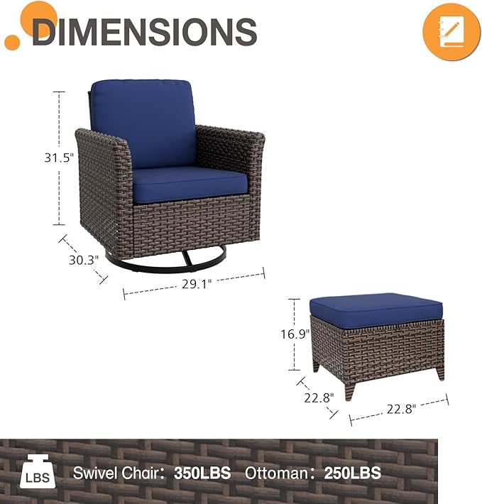COOS BAY Harbor Retreat 4 Piece Outdoor Furniture Set, Patio Conversation Set with Swivel Rocking Chairs and Ottomans, Wicker Furniture, Brown/Blue