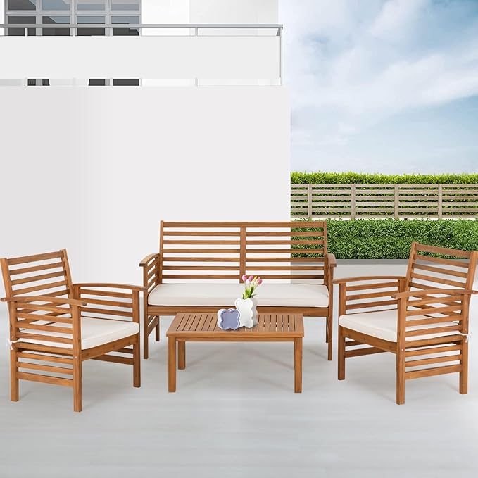 Outdoor Wood Sofa Set Patio Conversation Sets Acacia Patio Sofas Set with Thick and Soft Cushions Easy to Assemble Patio Furniture Set Natural Acacia Wood Compact and Sturdy Design Furniture Set