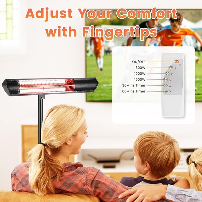 Outdoor Electric Patio Heater, 1500W Infrared Heater with Remotes, 3 Heating Levels, Height Adjustable, IP65 Waterproof & Timer, Wall Mount/Tripod Stand Heaters for Patio Garage Garden & Indoor Use