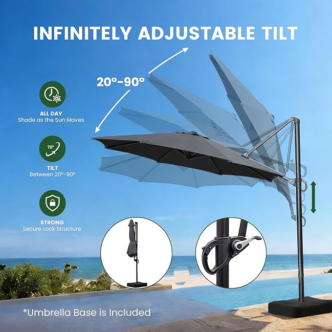 OLILAWN 10FT Outdoor Patio Umbrella with Base Included, Cantilever Offset Umbrella with Heavy-Duty Frame, 360° Rotation & Infinite Tilt, UV-Resistant Water-Repellent Shade for Patio, Poolside, Backyard, Tan Grey