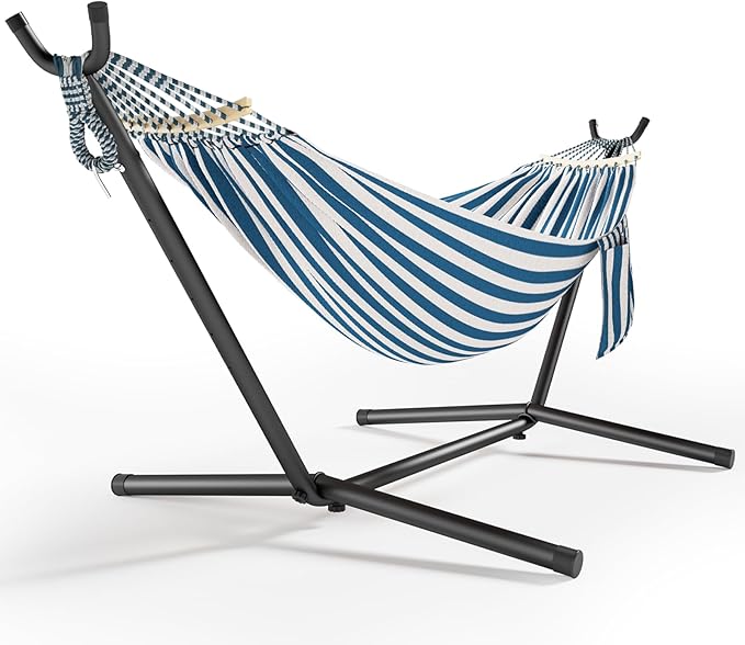600lbs Hammock with Stand for Outside, 2 Person Portable Hammock with Side Storage, Carrying Bag, Expend Wooden Bar for Outdoor or Indoor (Blue White)