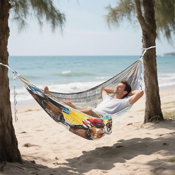 Horse Racing Scene Camping Hammock, Portable Lightweight Single Hammock with Tree Straps and Aluminum Carabiners, 114" x 54" Travel Hammock for Hiking Backpacking Beach