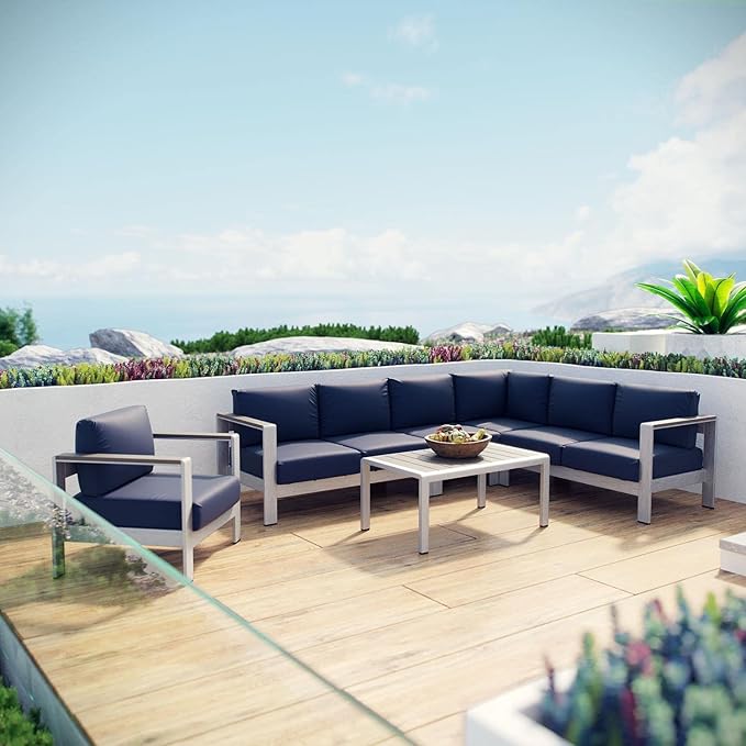 Modway Shore 6-Piece Aluminum Outdoor Patio Sectional Sofa Set in Silver Navy