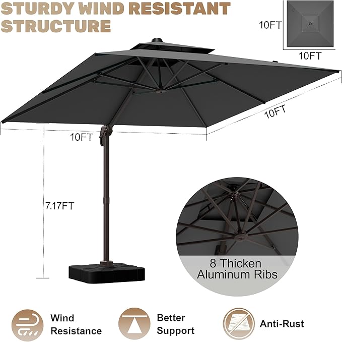 10x10Ft Patio Umbrella Outdoor Cantilever Rectangle Umbrella, 6-Level Tilt & 360° Rotation Offset Umbrella for Garden, Deck, Pool(Grey)