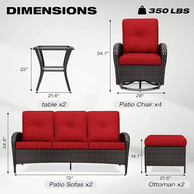 Joyside Wicker Patio Furniture Set, 10 Piece Outdoor Furniture Set with Thickened Cushions, High Back, Deep Seating, Wide Armrest, Outdoor Swivel Rocker Chairs for Porch, Deck