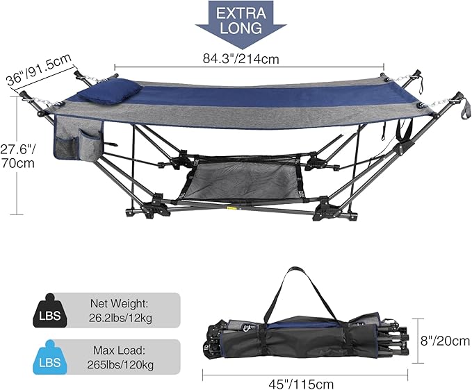 RedSwing Camping Hammock with Stand, XXL Portable Hammock with Removable Pillow and Storage Net, Foldable Heavy Duty Steel Frame Space Saving for Indoor Outdoor Backyard Beach Garden