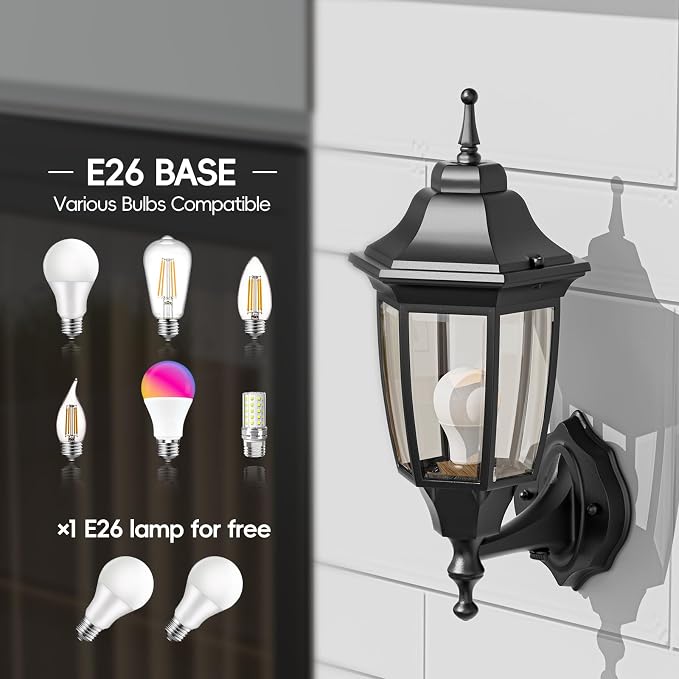 EMART Dusk to Dawn Outdoor Porch Light with Bulb, Wall Lamp(1 Pack, Black) | Exterior Anti-Corrosion, Waterproof Aluminum & Glass Shades, Modern Sconce Lantern Fixtures for Outside, House, Garage