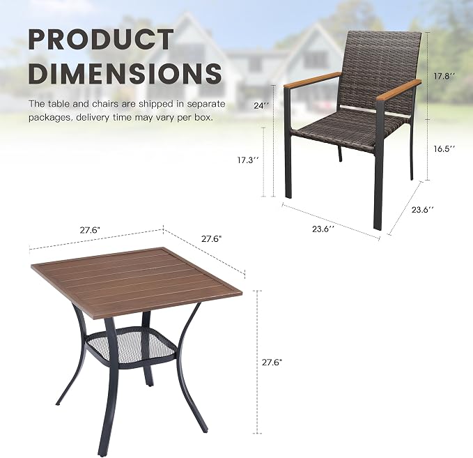 Small Patio Dining Set for 2, 27.5" Square Metal Table and Stackable Wicker Patio Chairs, Outdoor Furniture Set for Porch Garden, Walnut Chairs, Walnut Table