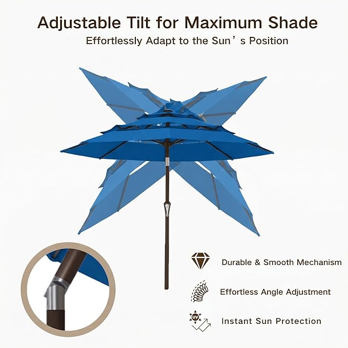 Kingdura 9ft 3-Tier Patio Umbrella, Outdoor Table Umbrella with Easy Crank & Tilt, 8 Reinforced Ribs, UV Protection for Deck, Pool, Market, Backyard (Royal blue)