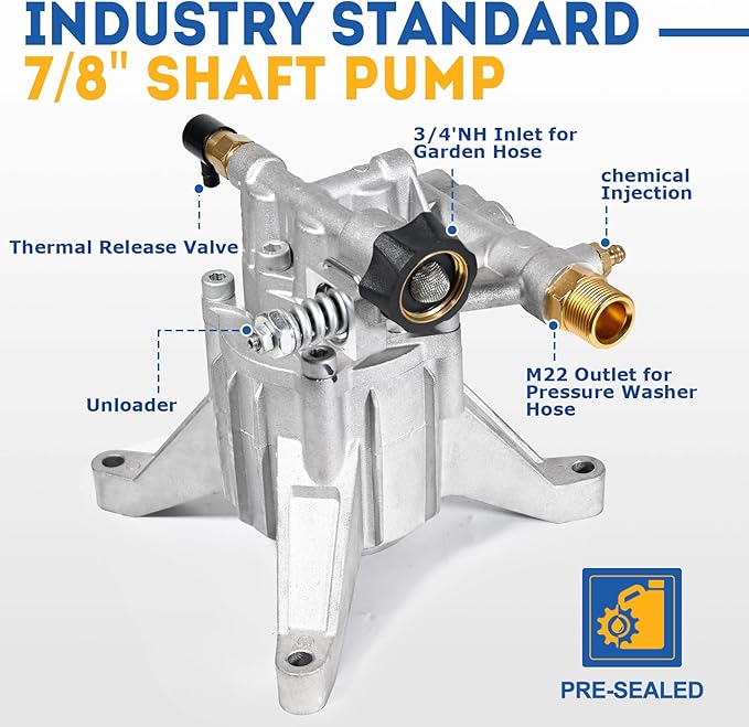 TOOLCY 7/8" Shaft Vertical Pressure Washer Pump - Rear Inlet/Outlet Max 3400 PSI @ 2.5 GPM OEM & Power Washer Pump for Gas Washer, Replacement for Simpson, Honda etc
