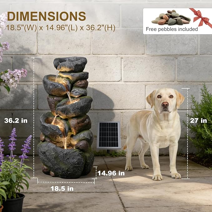 36.2" H Solar Water Fountain Outdoor Garden, 5-Tiers Cascading Rock Waterfall Fountain with 3000K Warm LED Lights & Battery Backup, IP64 Weatherproof Resin Fountain for Patio, Porch, Backyard, Deck