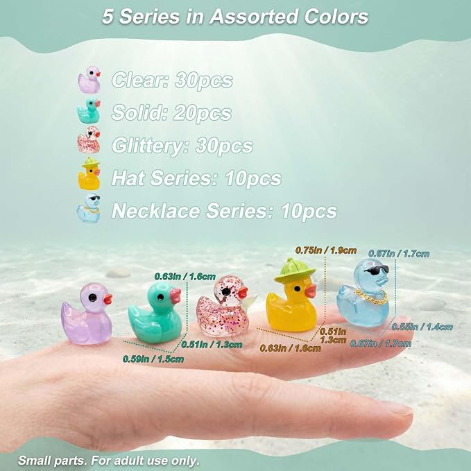 100 Pcs Mini Resin Ducks, Mixed Styles (Glow, Glitter, Hats, Sunglasses, Necklaces), Tiny Animal Figurines to Hide, Small Little Ducks for Fairy Garden, Miniature Landscape & Aquarium