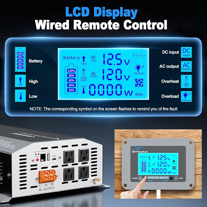 3000 Watts Pure Sine Wave Inverter 12V DC to 110V/120V AC Converter, 6000W Peak, LCD Remote Control, 4 AC Outlets, USB & Type-C – for RV, Truck, Off-Grid Solar System, Emergency Power