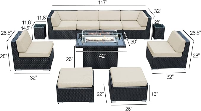 Fully Assembled Ohana 11 Piece Aluminum Wicker Patio Furniture Beige Cushion Oversize Conversation Set with 42-inch Propane Gas Fire Table