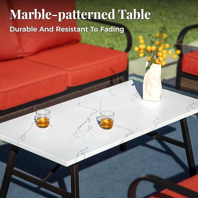 Patio Furniture Set with Coffee Table, Outdoor Conversation Set with 2 x Fixed Chairs, 1 x 2-Seat Sofa, 1 x 3-Seat Sofa for Lawn Garden Backyard, Red