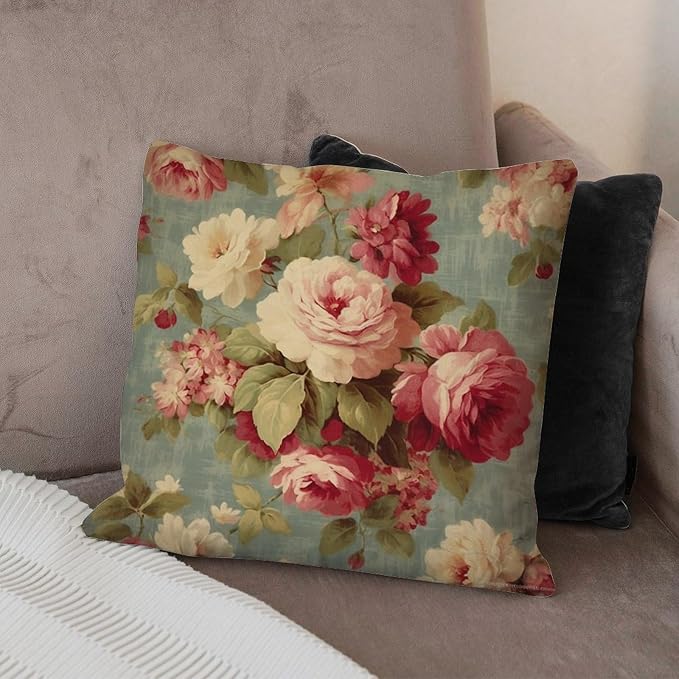 Watercolor Pink Roses Throw Pillow Covers Romantic Aqua Flower Throw Pillow Cover Farmhouse Farmhouse Decor Pillow for Couch Garden Tent Balcony 24x24 in