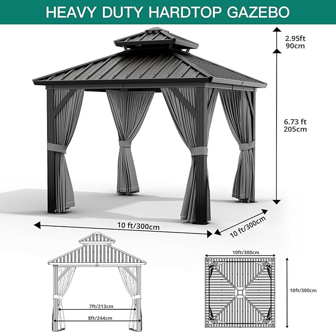 PeakPursuit 10'x10' Hardtop Gazebo, Heavy Duty Aluminum Permanent Hardtop Gazebo Outdoor Pavilion with Curtains and Netting for Garden