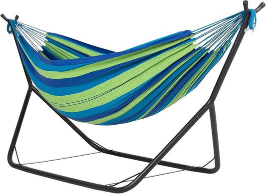 ANOW Double Hammock with Stand for Outside, Portable Space Saving Heavy-Duty Steel Stand for Indoor Outdoor Patio, 475 Lbs Capacity, Blue and Green Stripe