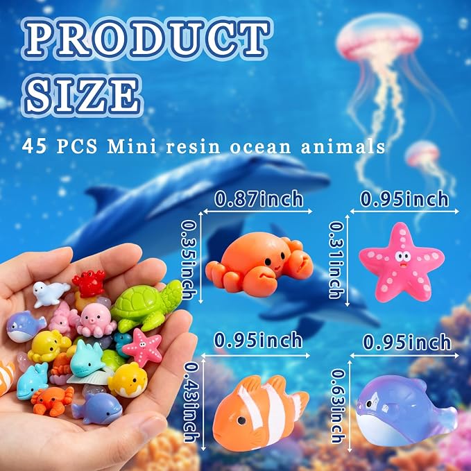 45 Pcs Mixed Mini Resin Sea Animals, Marine Figurines with No Duplicates | Waterproof, Fade-resistant,Premium Resin Marine Figurines, Craft Supplies for Fish Tank, Fairy Garden Decor