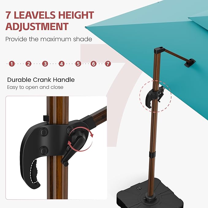 GENTEACO 10x13FT Wood Pattern Cantilever Patio Umbrella, Double Top Rectangle Offset Umbrella 7 Angle Tilts & 360° Rotation, Large Heavy Duty Outdoor Sun Umbrella for Pool Market, Turquoise Blue
