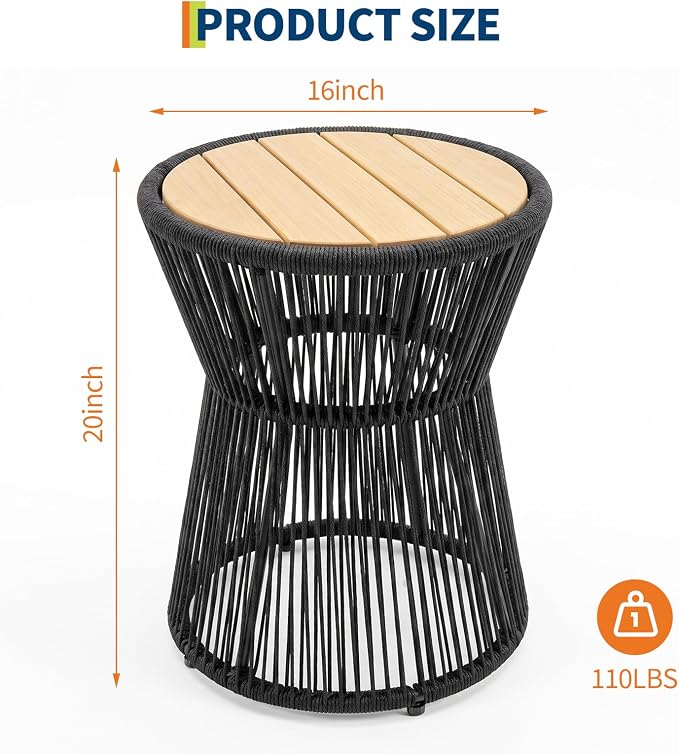 TrailBlaze Modern Woven Rope Outdoor Side Table – Round Patio End Table with Wood Top – Durable Accent for Balcony, Backyard, Poolside – Black + Natural Wood, Diameter 16in Height 20in, Color: Black +