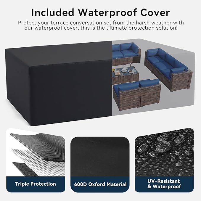 LazySunsets 14 Piece Outdoor Patio Furniture Set with Coffee Table, Outdoor Patio Furniture Sets with Waterproof Cover and Thicken Cushion, Wicker Outdoor Conversation Set for Backyard & Garden, Blue