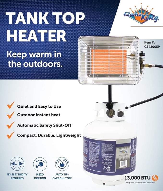 Flame King GS4200EP 13,000 BTU Propane Tank Top Heater, Great for Outdoor Jobs, Construction Sites, Campsites, Thawing and Heating Purposes Silver