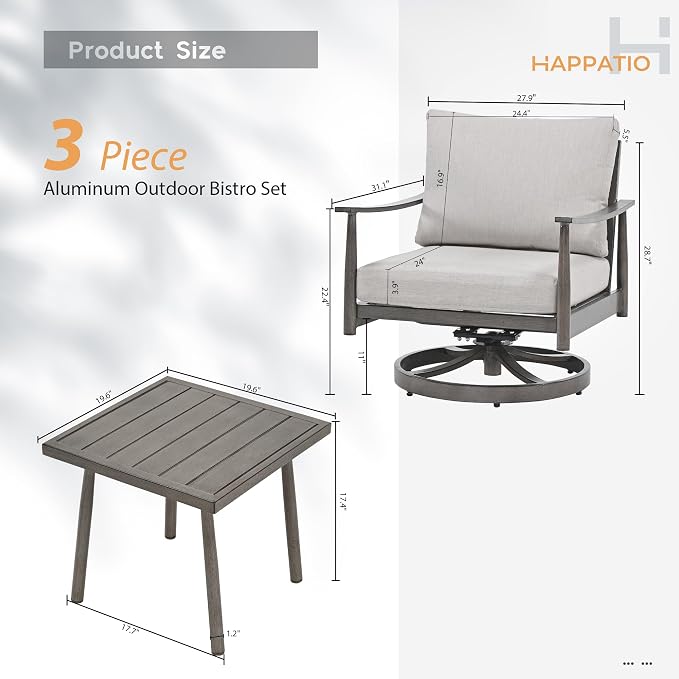 HAPPATIO Patio Conversation Set 3 Pieces, Patio Aluminum Conversation Furniture Set, 2 Swivel Chairs with Backrest Rope Design and 1 Side Table for Garden, Pool, and Lawn (Grey)
