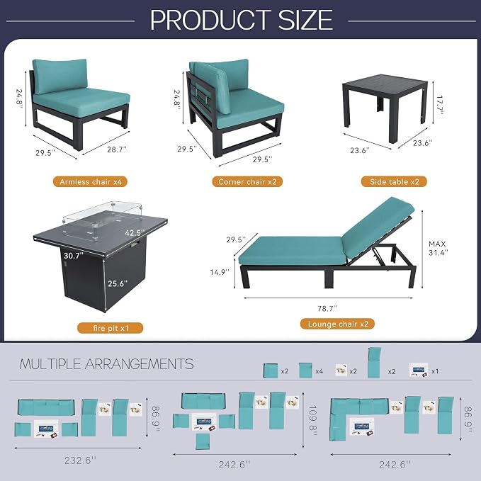 BULEXYARD 11 Piece Large Modern Aluminum Outdoor Sofa with Lounge Chair & Fire Pit Table, 500 lbs Durable Sectional Set for Heavy People, All Weather Comfy Patio Furniture Set for Backyard, Turquoise