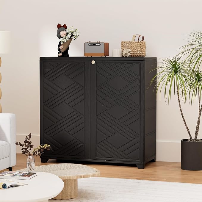 HOMSPARK Indoor/Outdoor Storage Cabinet with Doors and 2 Metal Shelves, 34”x15”x34” HDPE Plastic Storage Box for Patio, Garden, Enterway, Balcony, Multi-Purpose for Daily Tools, Black