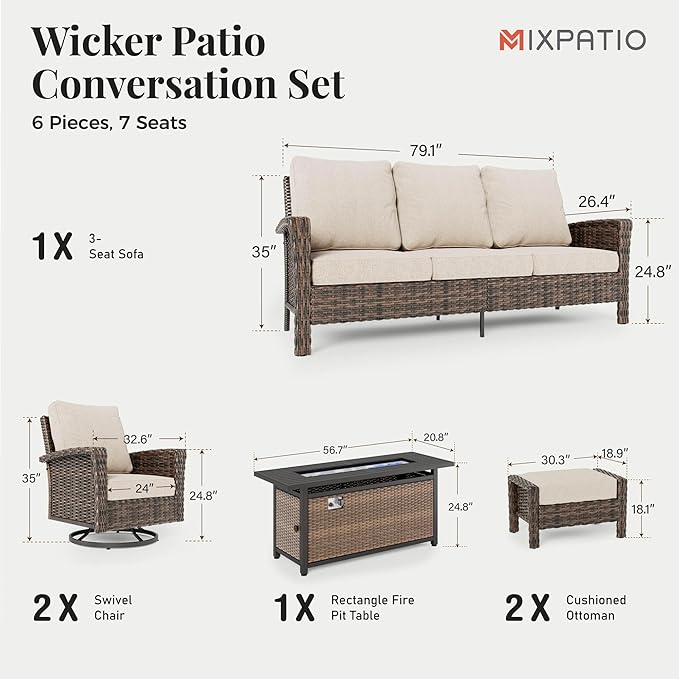 6-Piece Wicker Patio Furniture Set with Swivel Chairs, High Back Outdoor Furniture with 57'' Fire Pit Table and Ottoman, All-Weather Wicker Patio Conversation Set for Deck Yard Pool, Beige