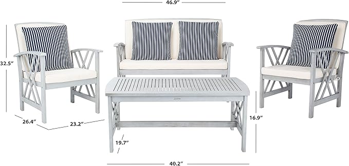 SAFAVIEH Outdoor Collection Fontana Grey / Beige Cushions/ Stripe Pillows 4-Piece Conversation Patio Set